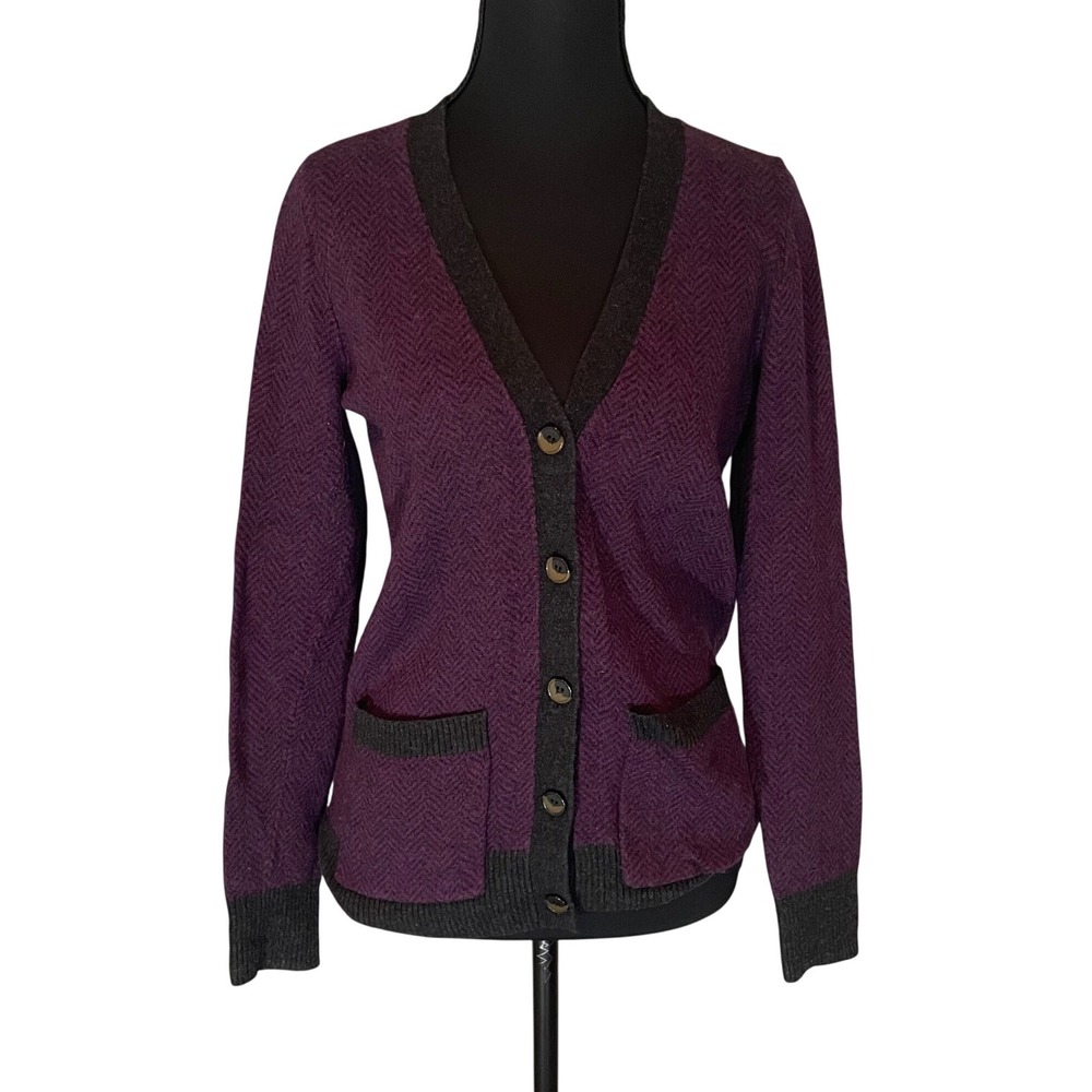 J. Crew Purple Herringbone Merino Wool Alpaca Blend V-Neck Cardigan‎ Sweater S